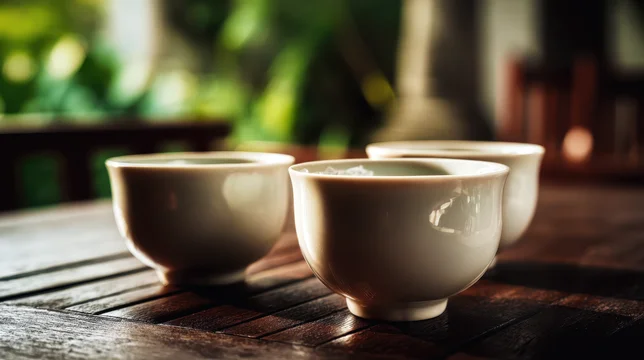 Fresh Green Tea in White Cups on Wooden Surface