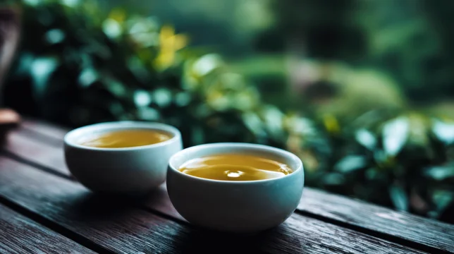 Green Tea Served in White Cups on Natural Wood