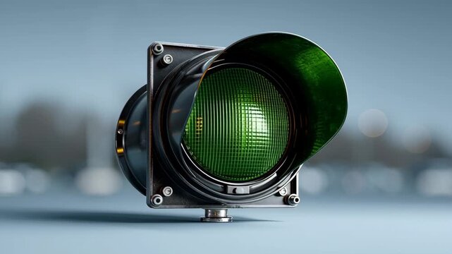 A green traffic light is on a blue background. The light is on a street