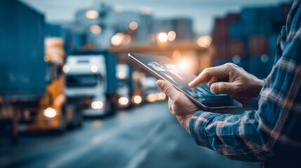 A person uses a tablet, likely for navigation or management, among semi-trucks, with background lights hinting at a city at night