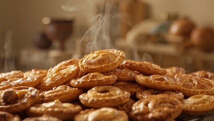 Detailed view of golden-brown baked pies highlighting pastry surface for food background, ideal for layout use