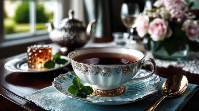 Elegant Vintage Tea Cup Set on Natural Wood