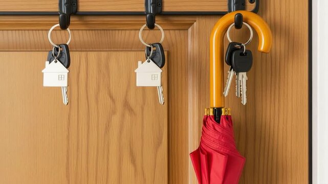 Red umbrella and house keys hanging on hooks by wooden door  