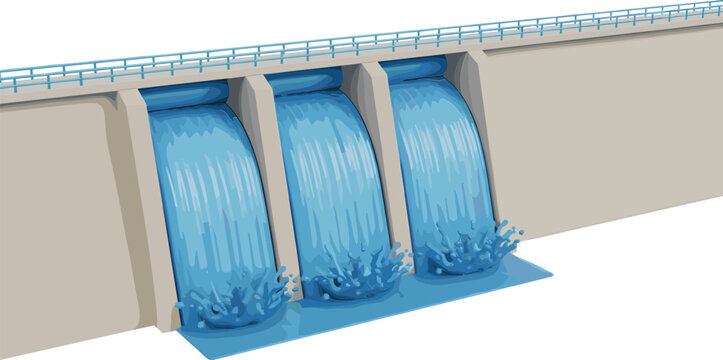 Vector Illustration of a Hydroelectric Dam Structure with Three Cascading Water Gates Generating Clean Renewable Energy