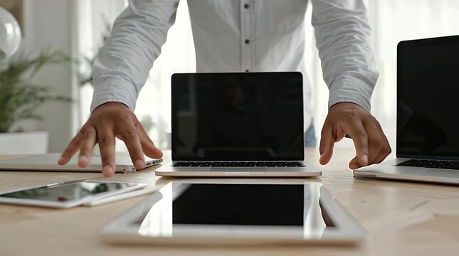Professional workspace with multiple devices on wooden table in bright office environment for modern business concept