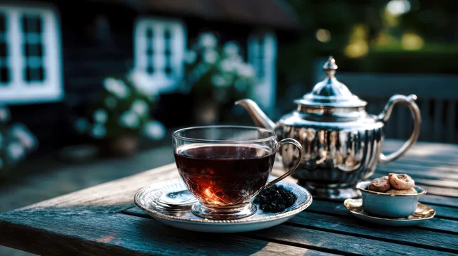 Antique Style Tea Cup on Rustic Wooden Table