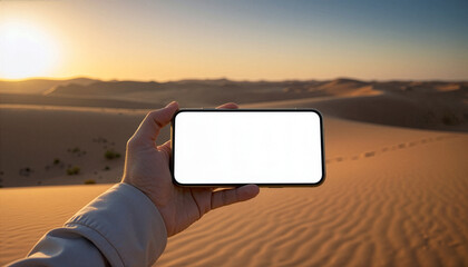 Smartphone in hand with blank white screen, long sleeve, desert landscape with sand dunes and sunset light. Travel, adventure, outdoor lifestyle concept.