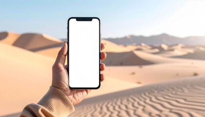 Smartphone in hand with blank white screen, long sleeve, desert landscape with sand dunes and sunset light. Travel, adventure, outdoor lifestyle concept.