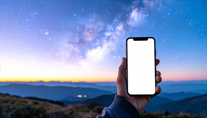 Smartphone in hand with blank white screen, long sleeve, starry night sky and Milky Way background. Tech, astronomy, and lifestyle concept.
