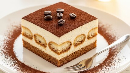 Italian Tiramisu Dessert: Square slice of creamy espresso cake with heart-shaped sponge for cafe and pastry menu