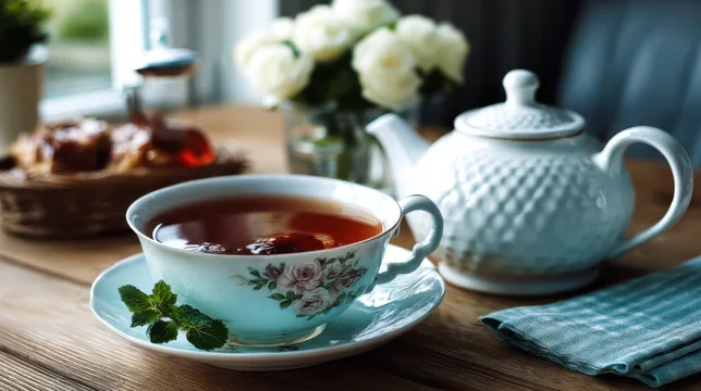 Classic Tea Cup and Saucer Resting on Wood Surface