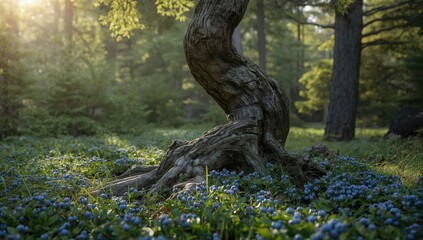 Closeup of a twisted pine trunk amidst blueberry ground cover, highlighting natural growth patterns