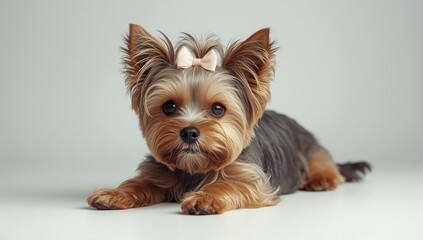 Fototapeta premium Portrait of a Yorkshire Terrier lying on a plain white surface, highlighting breed features and coat texture