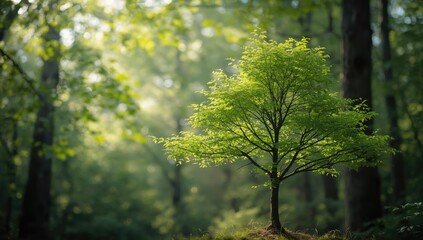 Obraz premium Deciduous hornbeam tree displaying vibrant green foliage in mountainous terrain, highlighting natural growth and landscape preservation