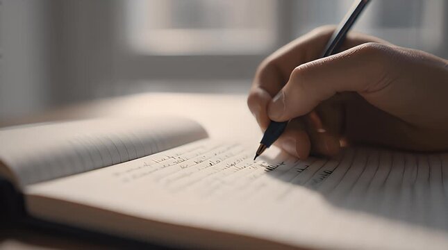 Hand Writing Notes in a Notebook with Natural Light and Soft Background