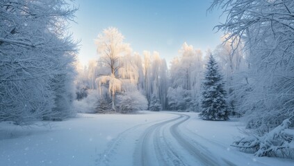 Obraz premium Winter woodland with snow-laden branches and tall trees, serving as a natural backdrop for text or design, Earth Day