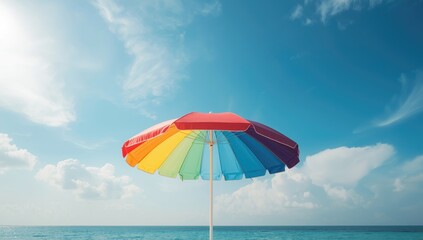 Colorful beach umbrella seen from below against a bright blue sky with clouds, suitable for summer activity backgrounds