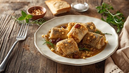 Seafood dish featuring sardine rolls baked with pine nuts, breadcrumbs, raisins, salt, and pepper, traditional Sicilian cuisine
