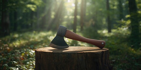 Old-fashioned woodworking axe featuring a weathered blade and wooden shaft, used for craftsmanship, Earth Day