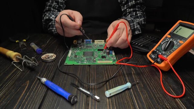 A person tests a circuit board with a multimeter while using various tools on a workshop table. It is daytime and the focus is on electronics repair.