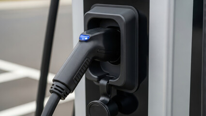 EV Charging Connector: Close up of electric car power plug with blue light for automotive energy and technology