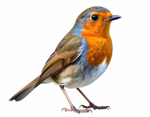 A vibrant robin with orange breast, isolated on white