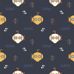 Submarine cartoon so cute. On wave seaweed fish background. Pattern seamless vector illustration. 