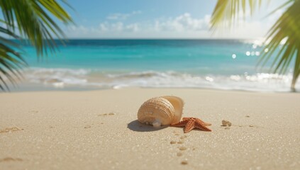 Obraz premium Sea shell on the sandy shoreline, illustrating natural erosion risk, Earth Day