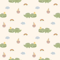 Duck on crocodile cartoon so cute. On sailboat cloud rainbow background. Pattern seamless vector illustration. 