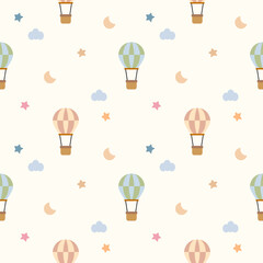 Hot air balloon cartoon so cute. On star moon cloud background. Pattern seamless vector illustration. 
