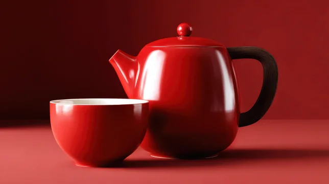 Minimal Red Teapot With Matching Cup on Red