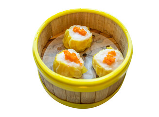 Top view of dim sum Shrimp dumplings in the yellow edge basket, focus selective