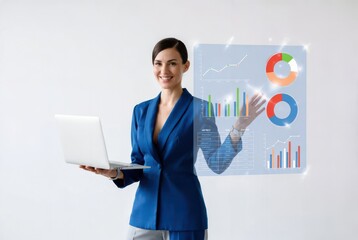 Smiling businesswoman presenting business data with holographic charts and laptop technology