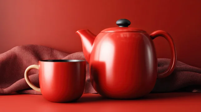 Red Teapot and Cup Set on Solid Red Background