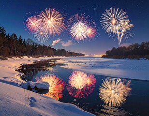 New Year fireworks above a frozen river at night