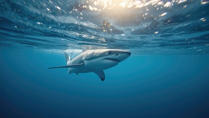 Fototapeta premium Great white shark lurking around the Neptune Islands, highlighting predator behavior, World Ocean Day