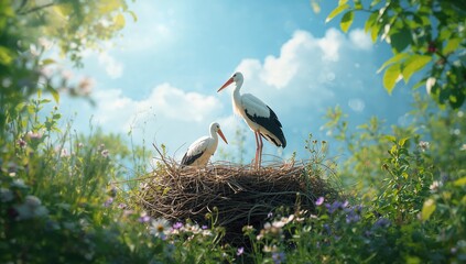 A stork perched in a nest among branches, illustrating natural nesting habits, Bird Conservation Week © AkuAku