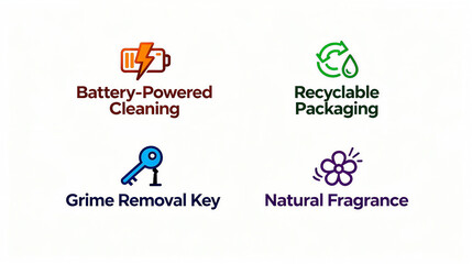 Battery driven cleaning, recyclable packaging, and other elements represent the cleaning characteristics of descaling and natural fragrances, suitable for cleaning materials.
