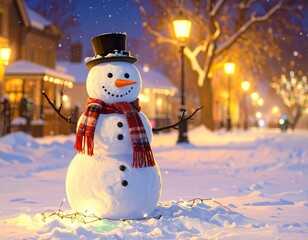 Obraz premium Cheerful snowman with garland in night winter scene