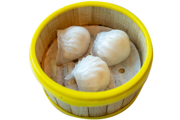 Top view of Shrimp Ha Gao in the yellow edge basket, focus selective