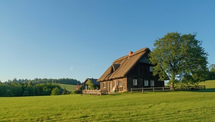 Obraz premium Old wooden Norwegian structure in lush landscape during summer, highlighting heritage architecture and greenery, Earth Day