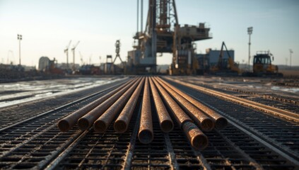 Fototapeta premium Drilled pipe segments with corrosion visible, positioned on the deck for downhole drilling procedures