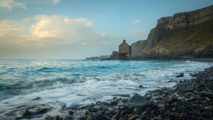 Remote coast featuring steep cliffs and soft surf, ideal for text overlay backgrounds or design elements