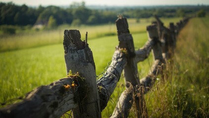 Close-up of a deteriorated wooden fence with rusted wire, highlighting aging rural boundary structures