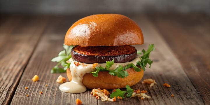Vegan burger with white bean puree and spicy aubergine slices, highlighting plant-based protein sources
