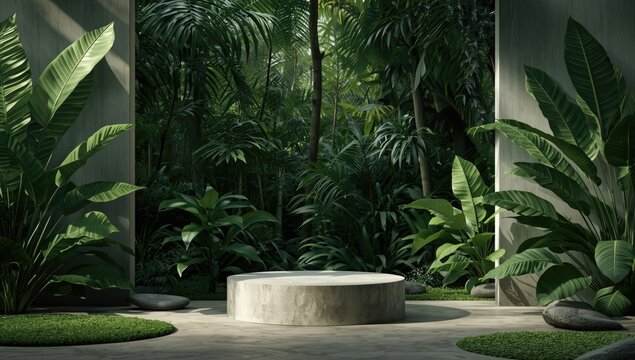 Concrete podium situated in a tropical woodland environment designed for product showcasing, ideal for outdoor marketing - Powered by Adobe