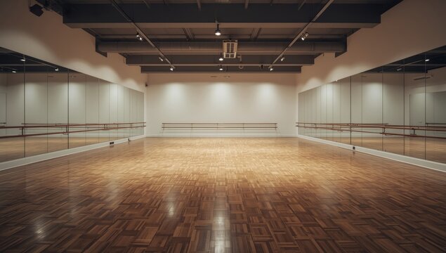 Dance studio interior with polished wooden flooring, suitable for rehearsal activities