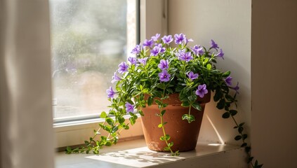 Streptocarpus teitensis with violet blooms placed on a windowsill, highlighting houseplant care, Earth Day