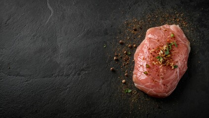 Chicken fillet seasoned and displayed on a dark stone slab, suitable for culinary layout design, World Food Day