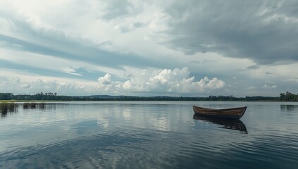 Obraz premium Lake scene with a boat under overcast skies, focusing on vessel maintenance and weather conditions, World Oceans Day